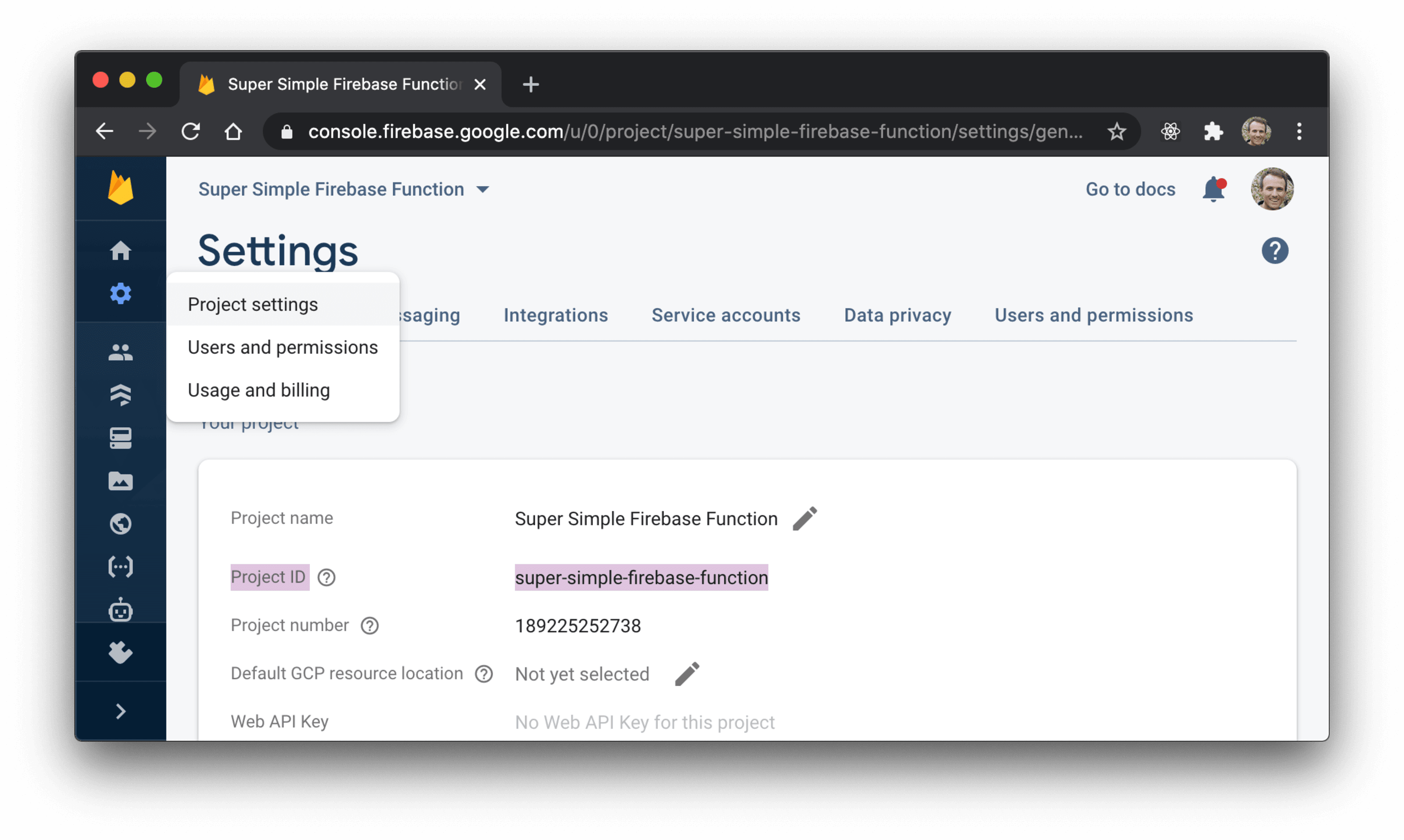 Firebase console showing the setting page with the Project ID