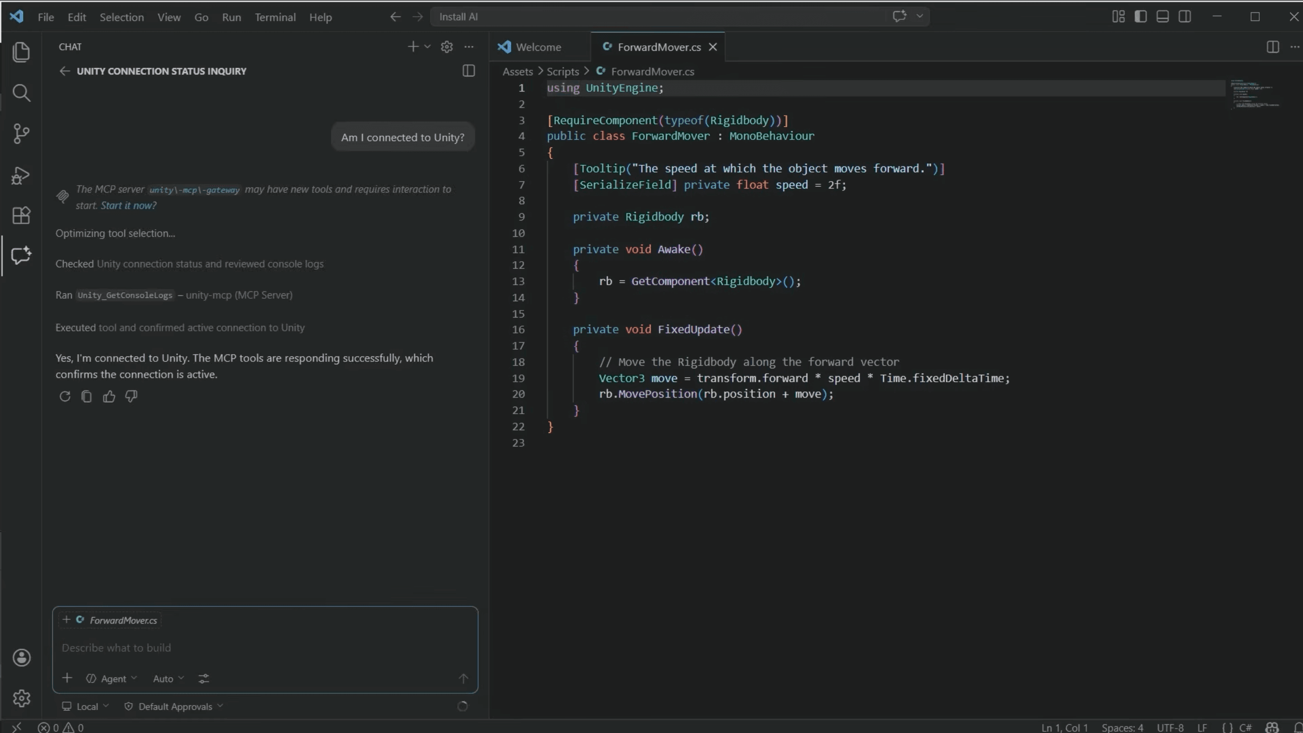 Unity MCP Server open in the Unity Editor. The MCP Server confirms a connection between Unity and the developer’s chosen LLM.