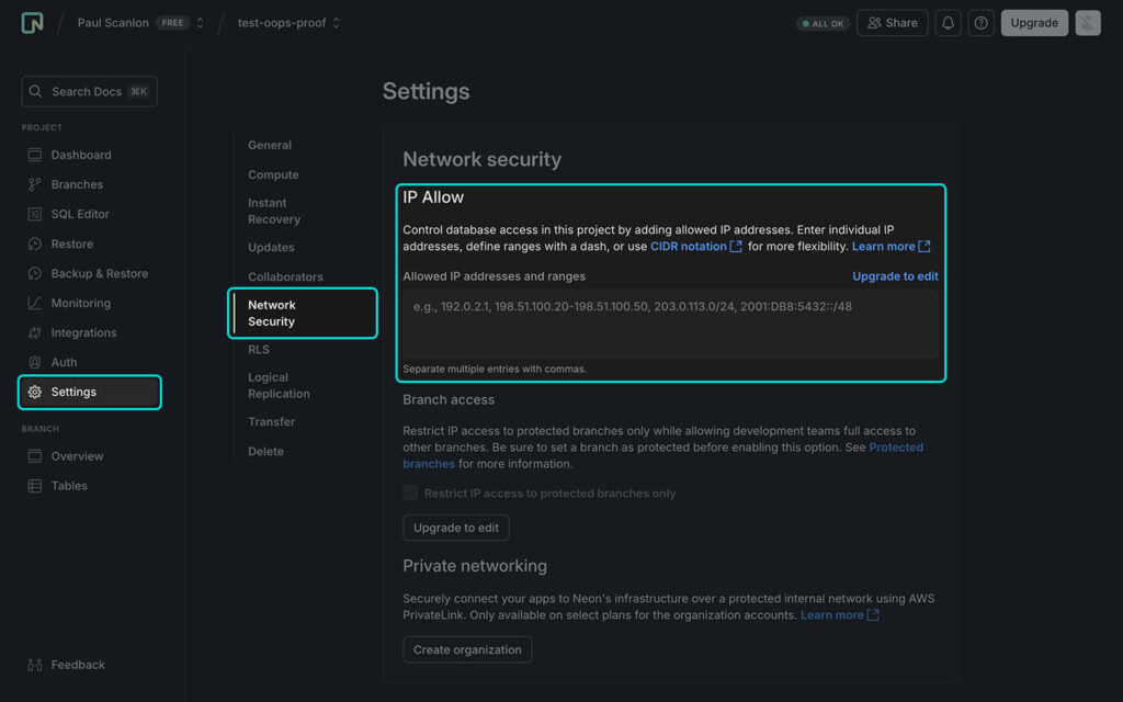 Screenshot of Neon console showing IP Allow settings