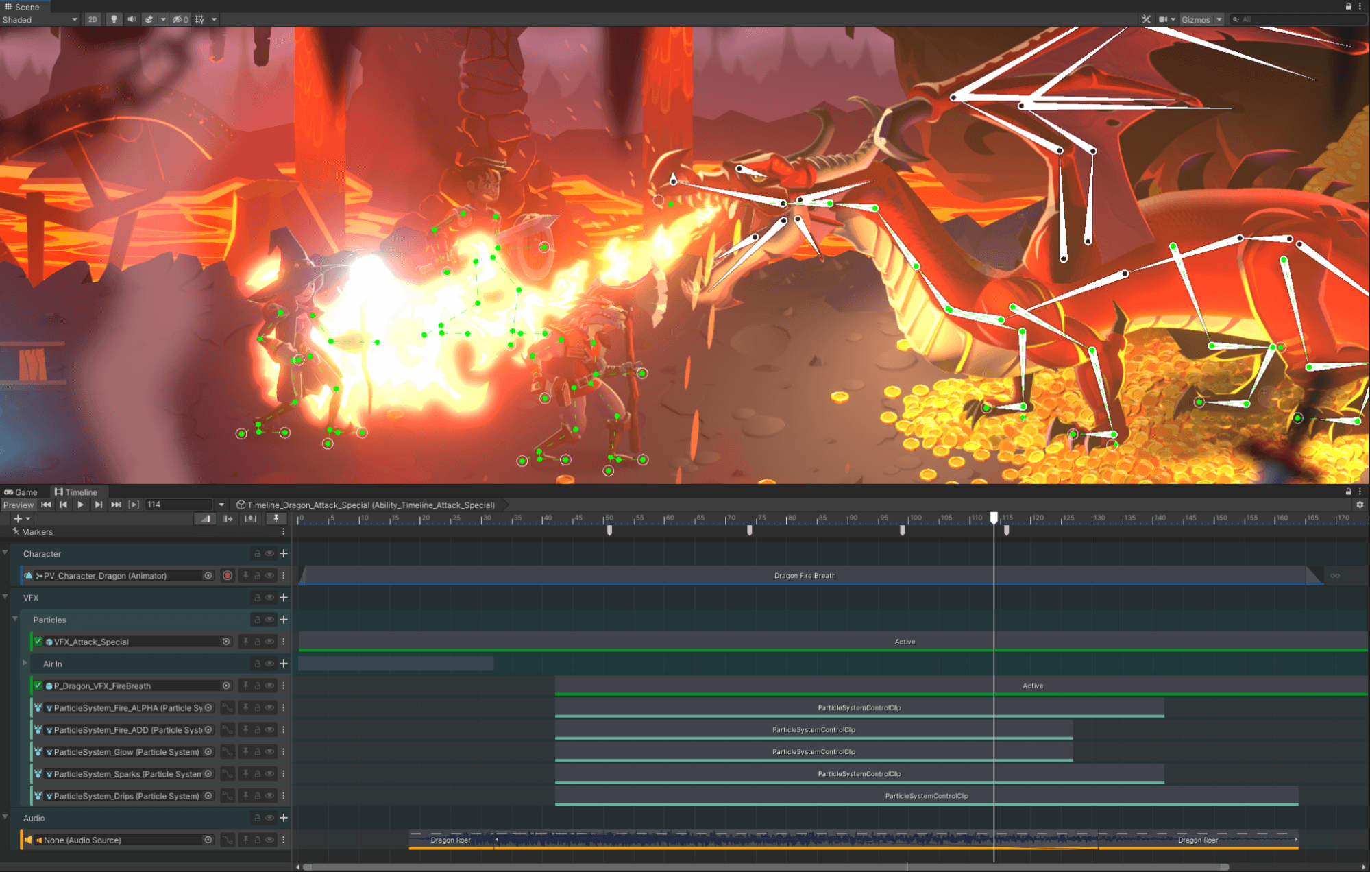 Dragon Crashers characters fighting with a Dragon with the editor open at the bottom half of the screen