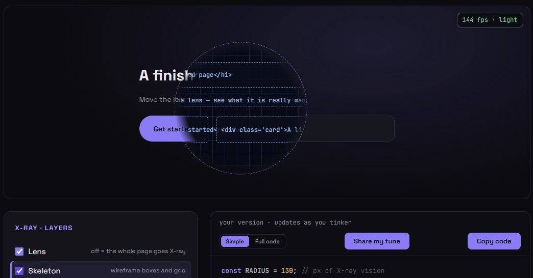 Web effects with an X-ray mode: toggle a layer, see which lines of code it owns