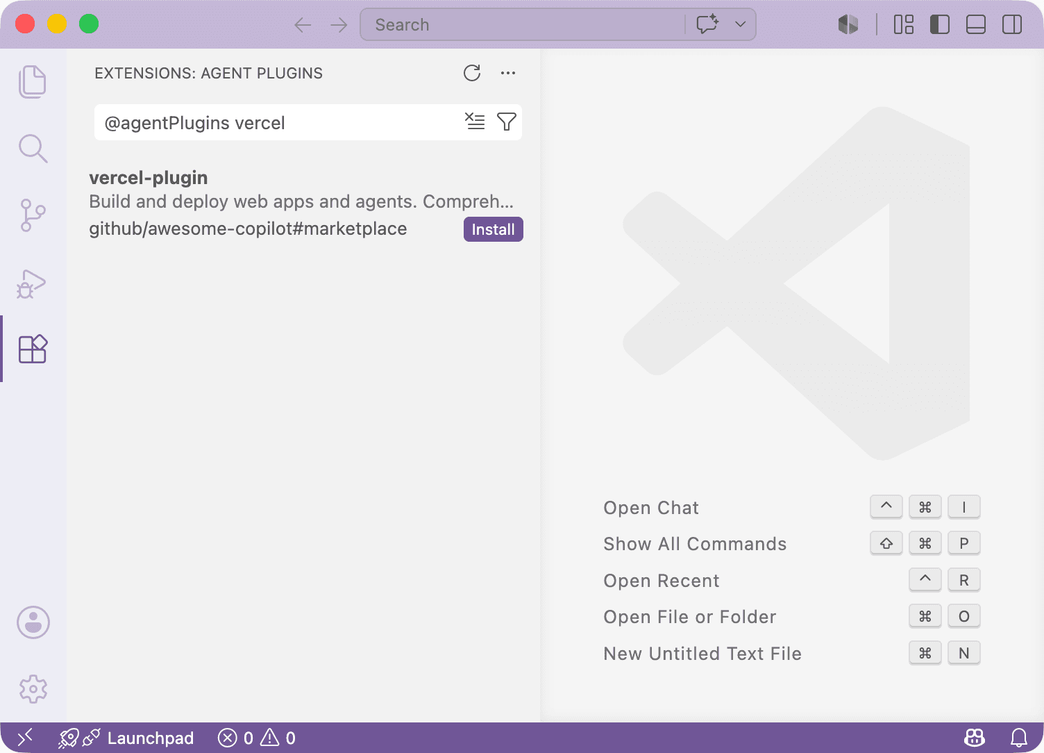 The vercel-plugin result in the VS Code Extensions panel, showing its description and an Install button
