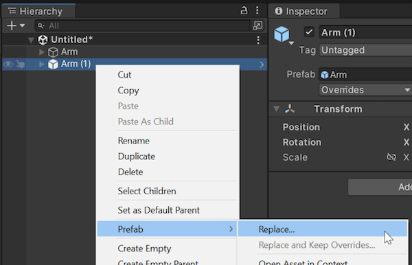 Replace the Prefab Asset for a Prefab instance.