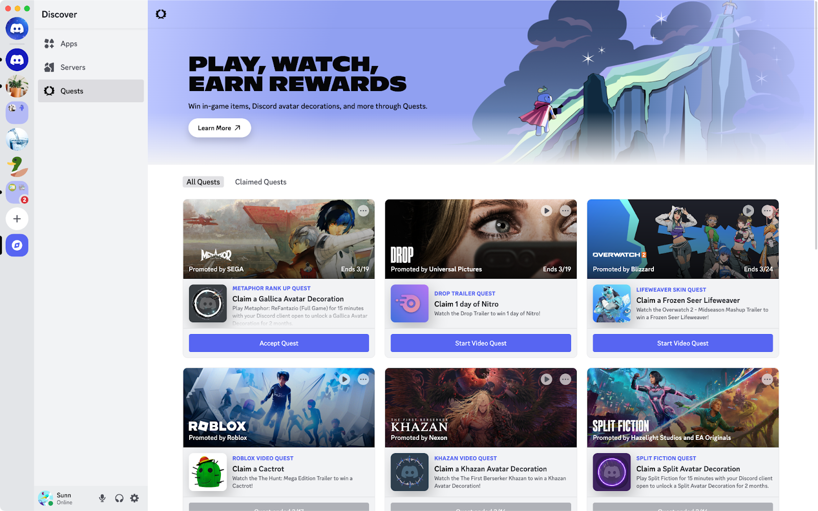 The Quests tab on Discord’s desktop app.