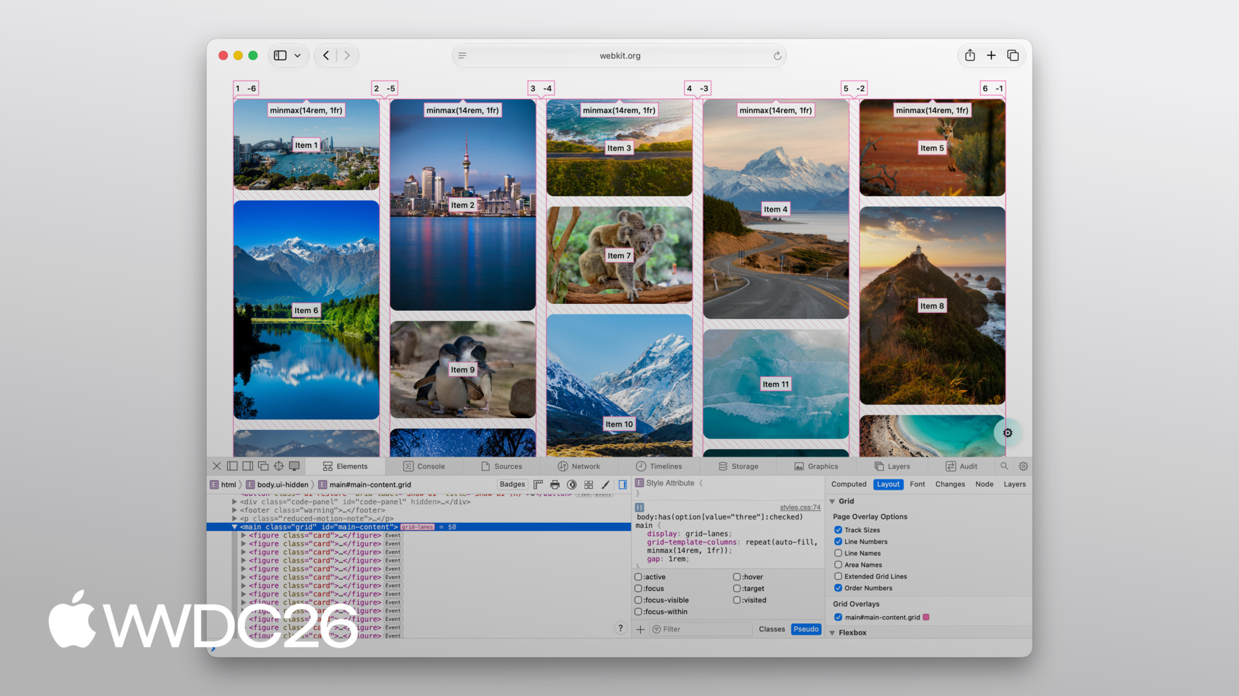 A website using grid lanes layout with Web Inspector open with graphical overlays of tracks and item placement numbering projected over the content