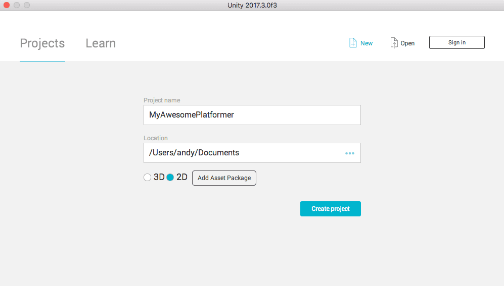 Image of mode being set when a new project is created