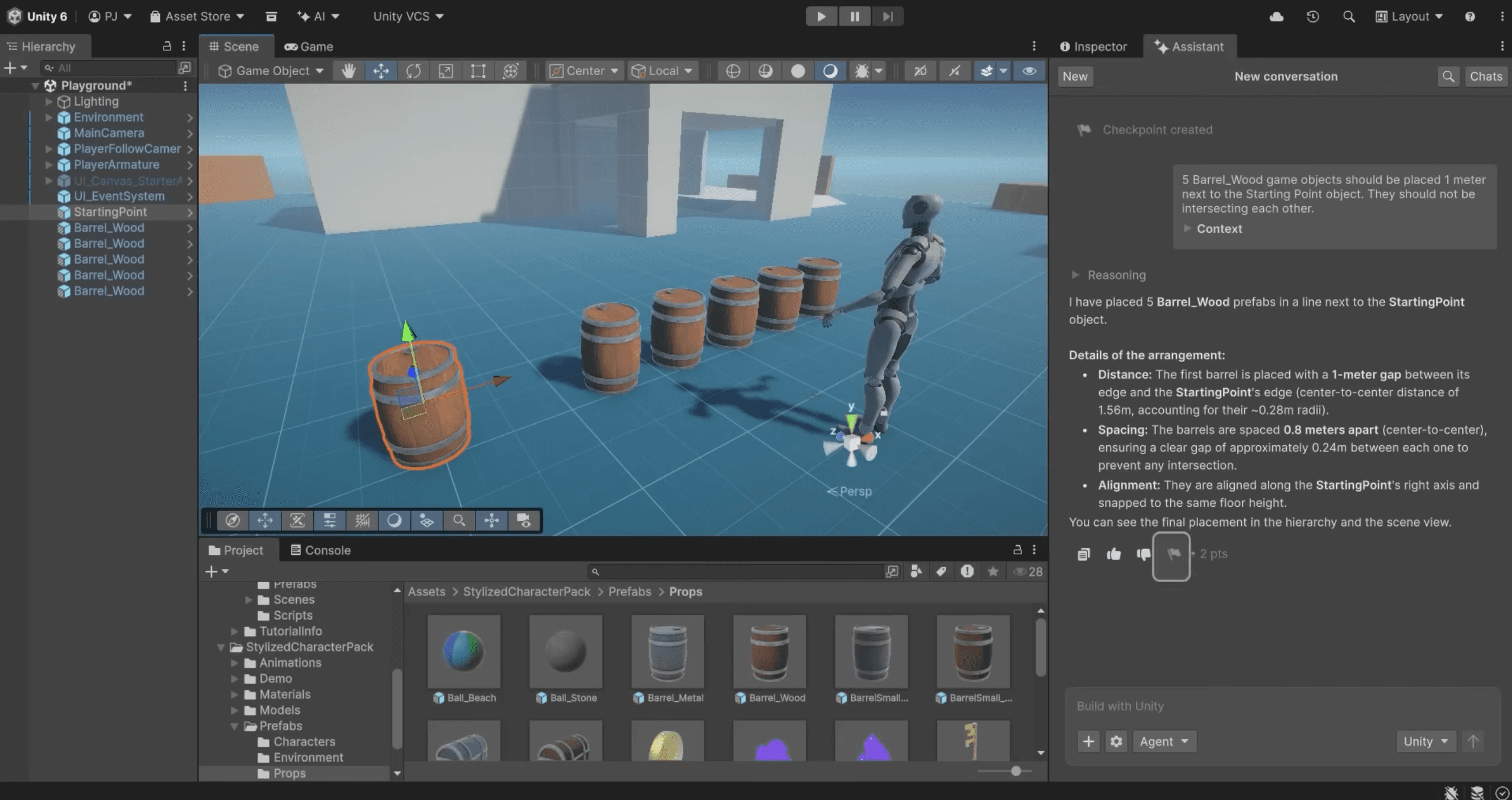 Unity AI Assistant open in the Unity Editor. Agent Mode follows prompts to makes changes directly to a scene while sharing its reasoning.