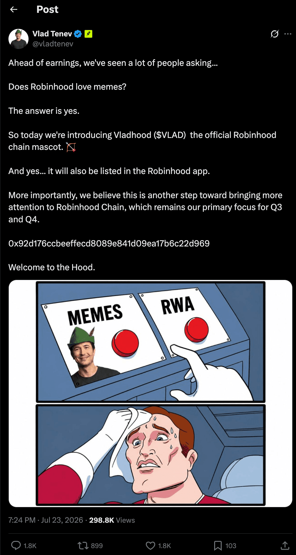 The deleted X post from Val Tenev's hacked account. (X)