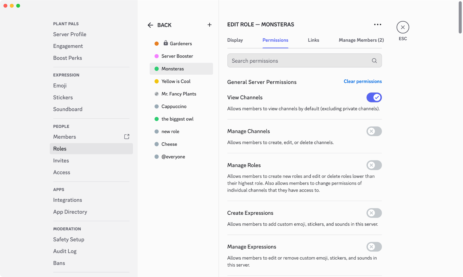 A preview of the Role Permissions page in Server Settings.