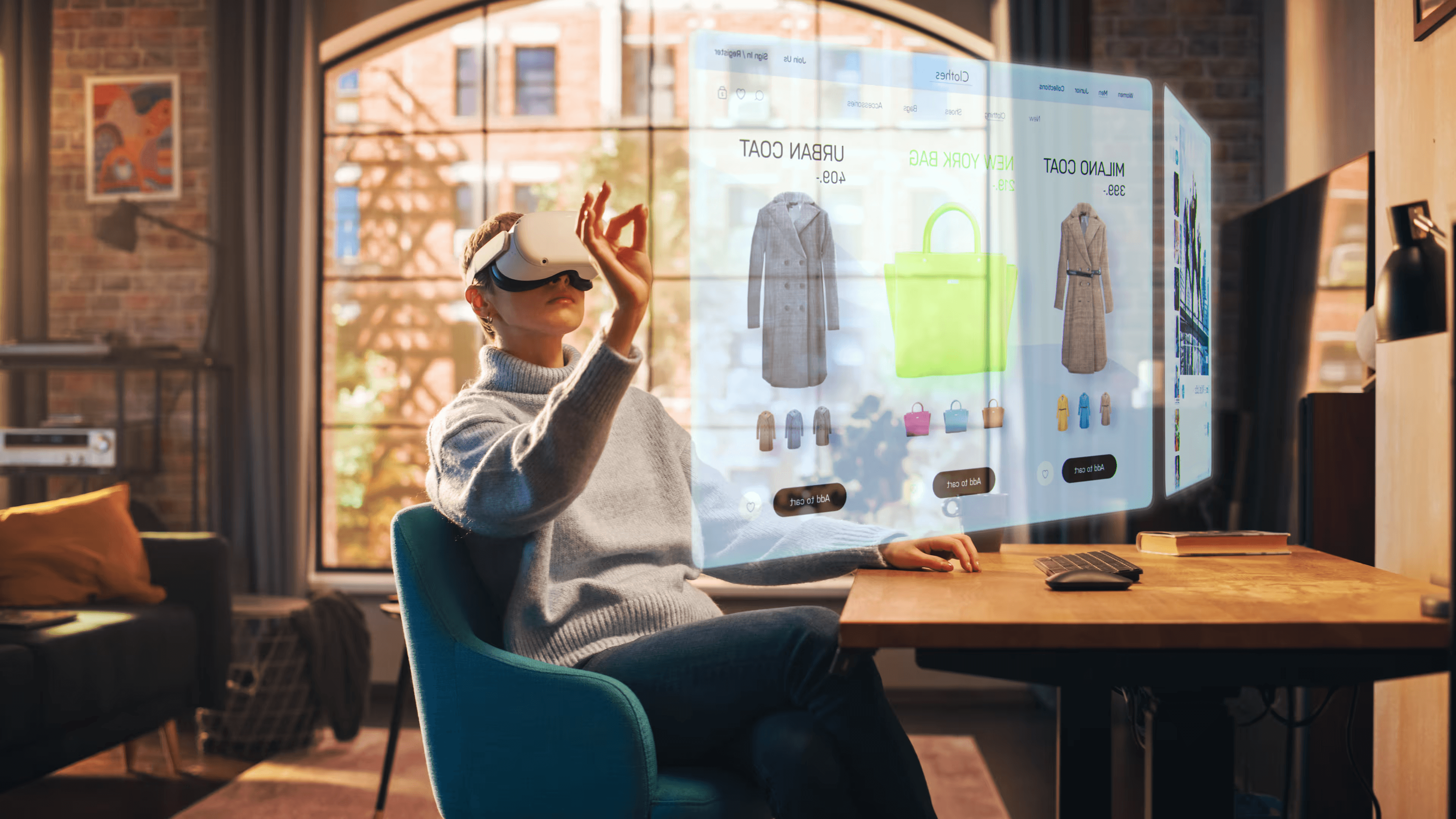 “Woman at home wearing immersive technology VR glasses for virtual shopping”