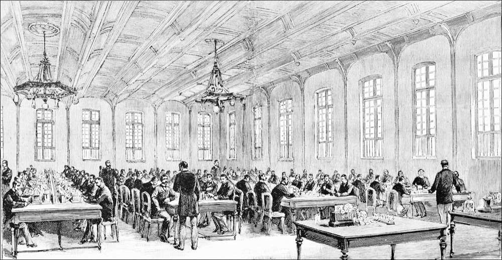 Engraving of the operators' room at the central telegraph exchange in Paris, dozens of operators working telegraph instruments at rows of tables