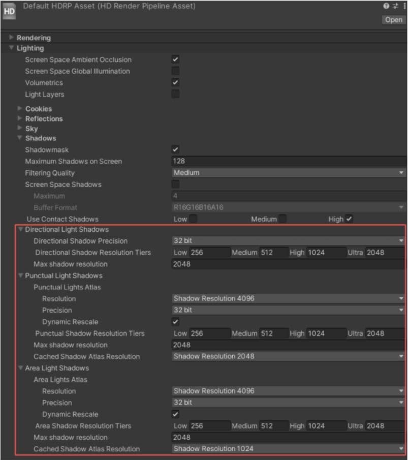 Many properties in the quality settings are moved to the HD Render Pipeline Asset