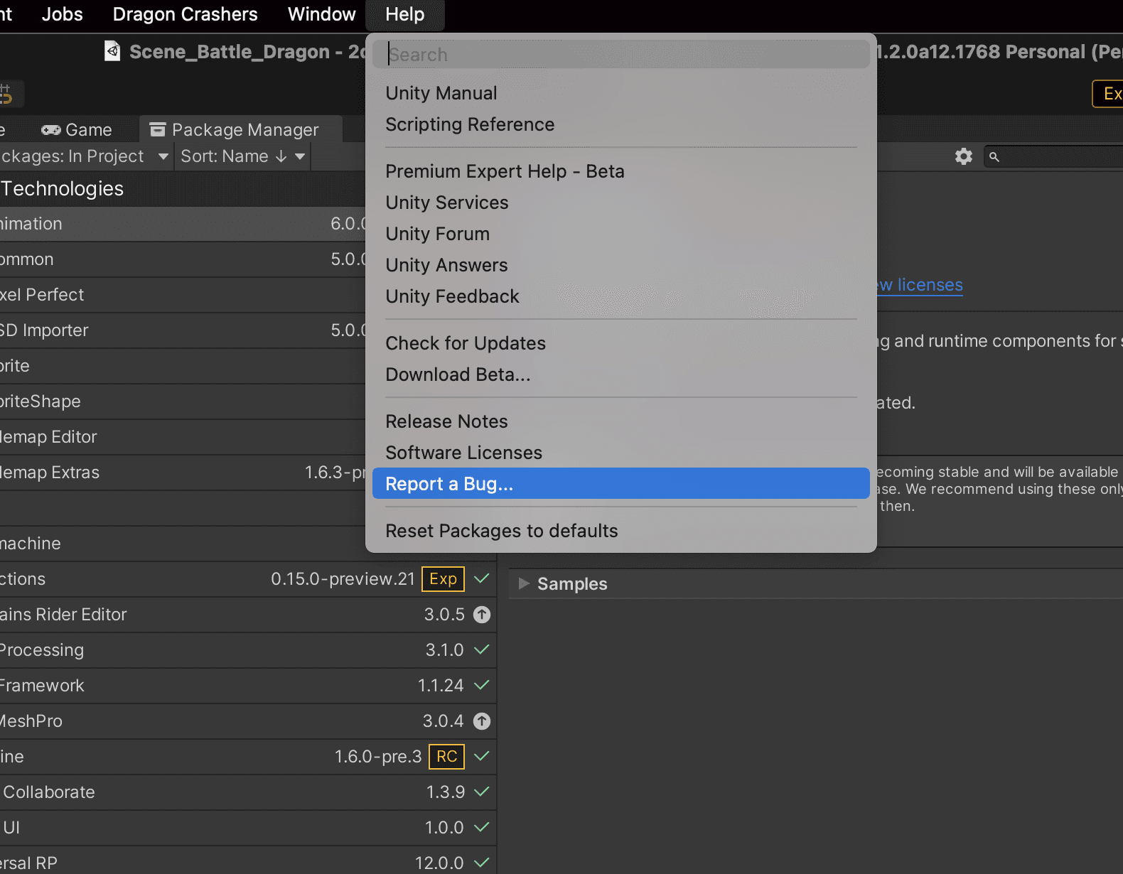 Grey menu that has 'report a bug' selected