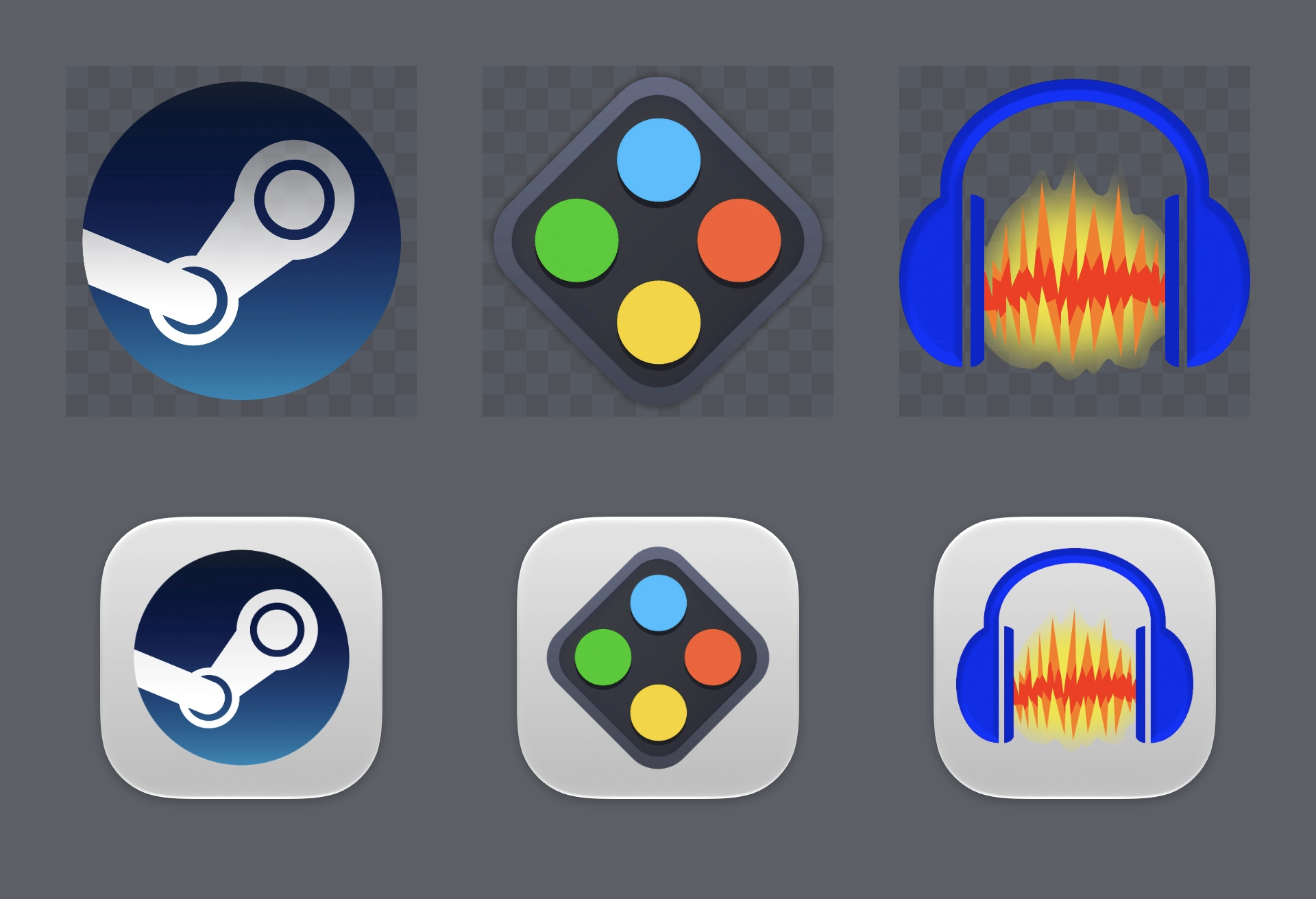 App icons for Steam, BrickLink Studio, and Audacity compared to their contained versions from macOS 27.