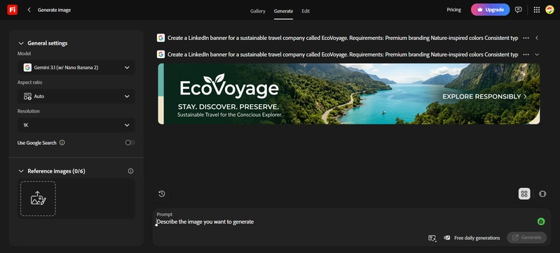 Adobe Firefly creating a premium EcoVoyage LinkedIn banner with sustainable travel branding, commercial-quality graphics, modern typography, and nature-inspired visual identity
