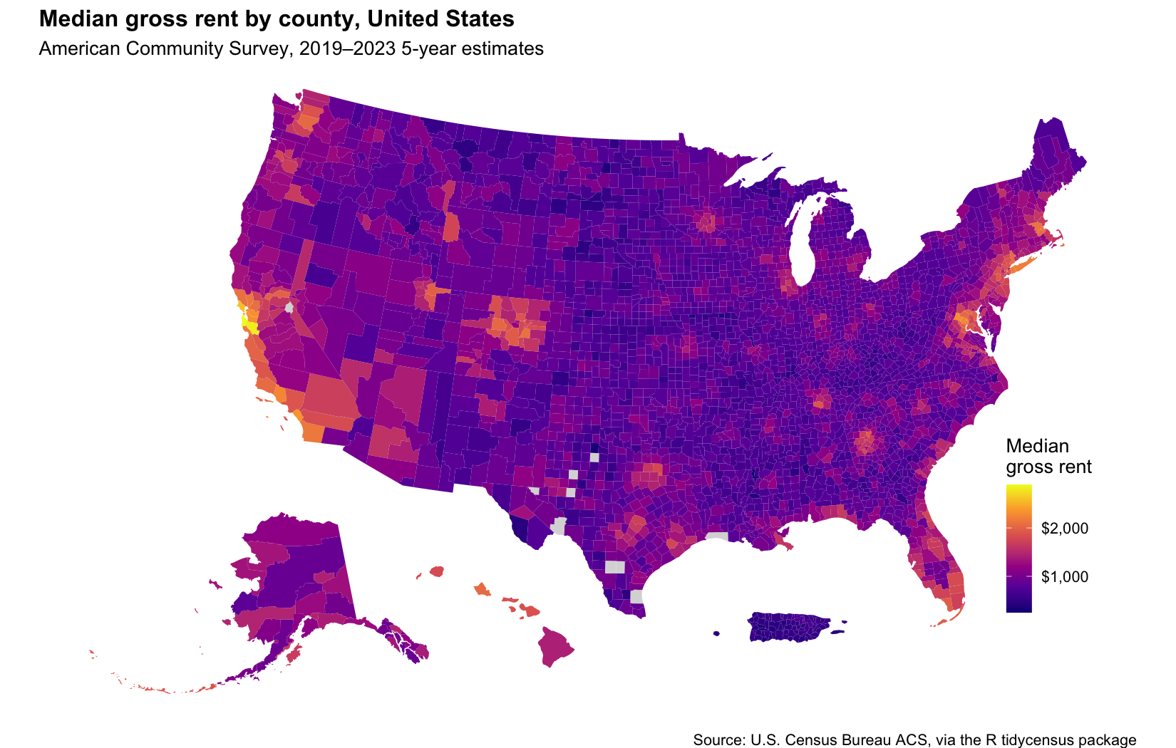 Mapping U.S. Rents by County in R with tidycensus, sf and ggplot2