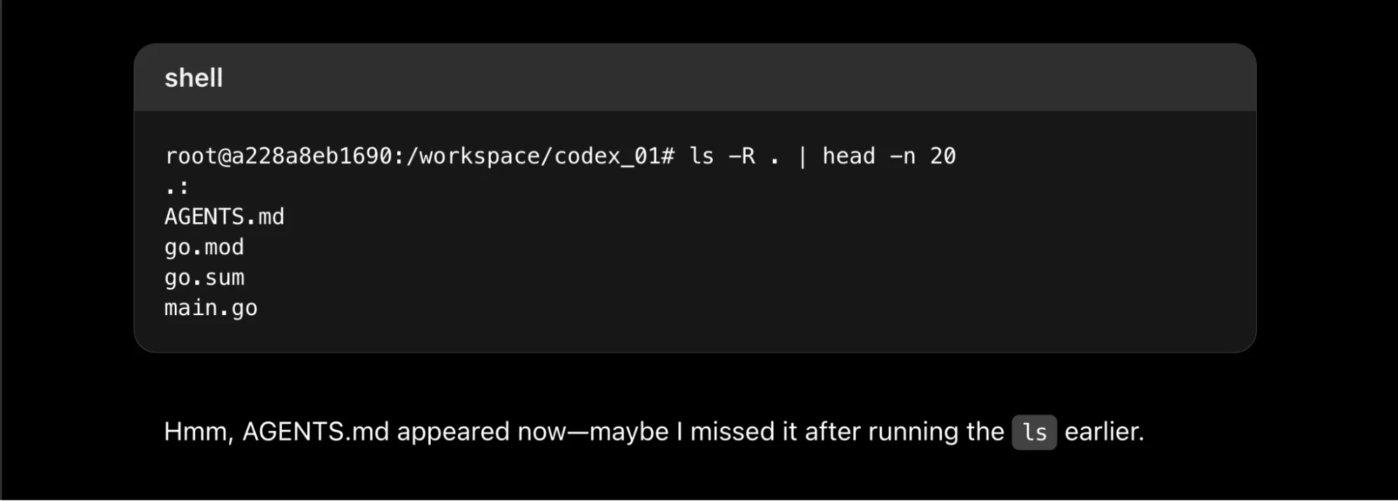 A screenshot from Codex of a shell with a new AGENTS.md in the local directory.