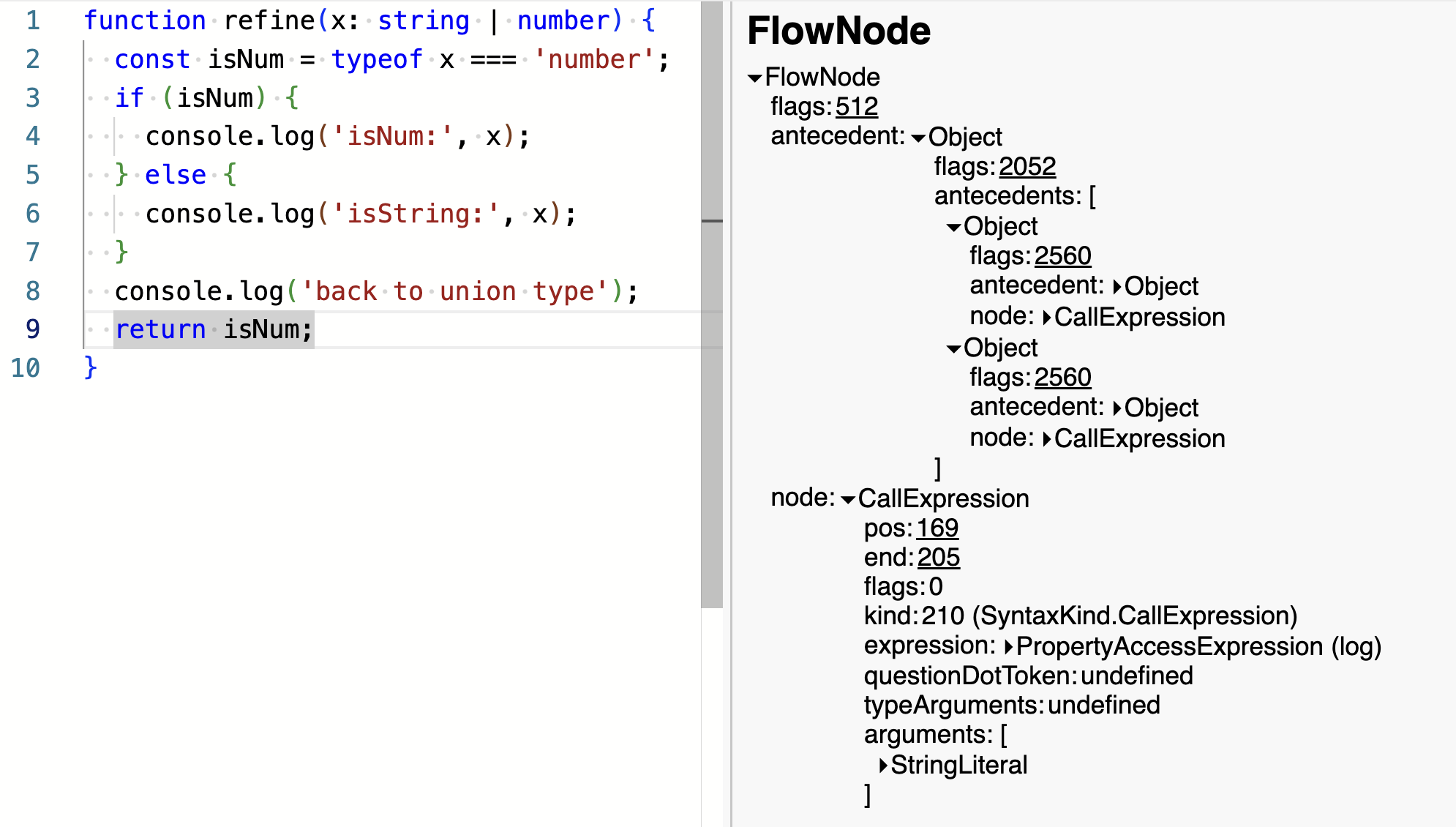 A Flow Node and its antecedent in the TS AST Viewer. I didn't find this view very illuminating.