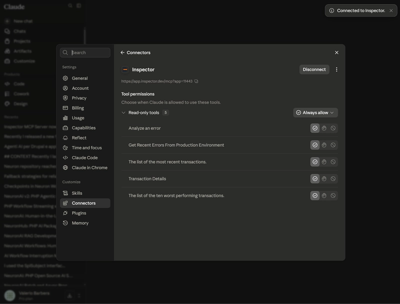 Inspector MCP server tools list