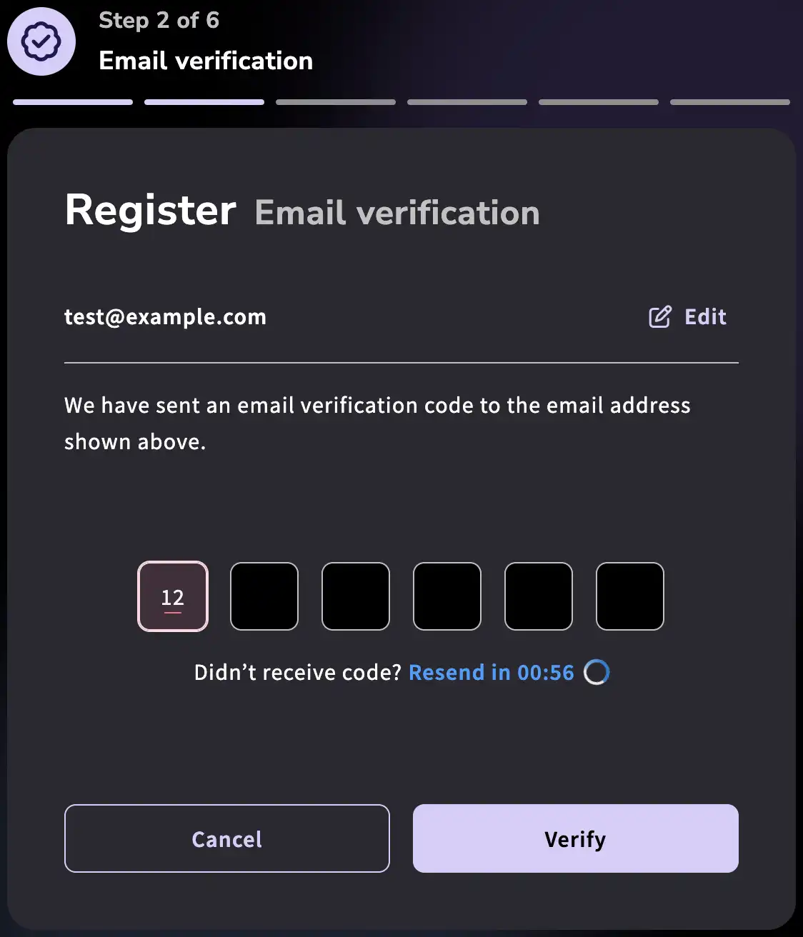 Screenshot of the verification code form with 2 digits in the first box