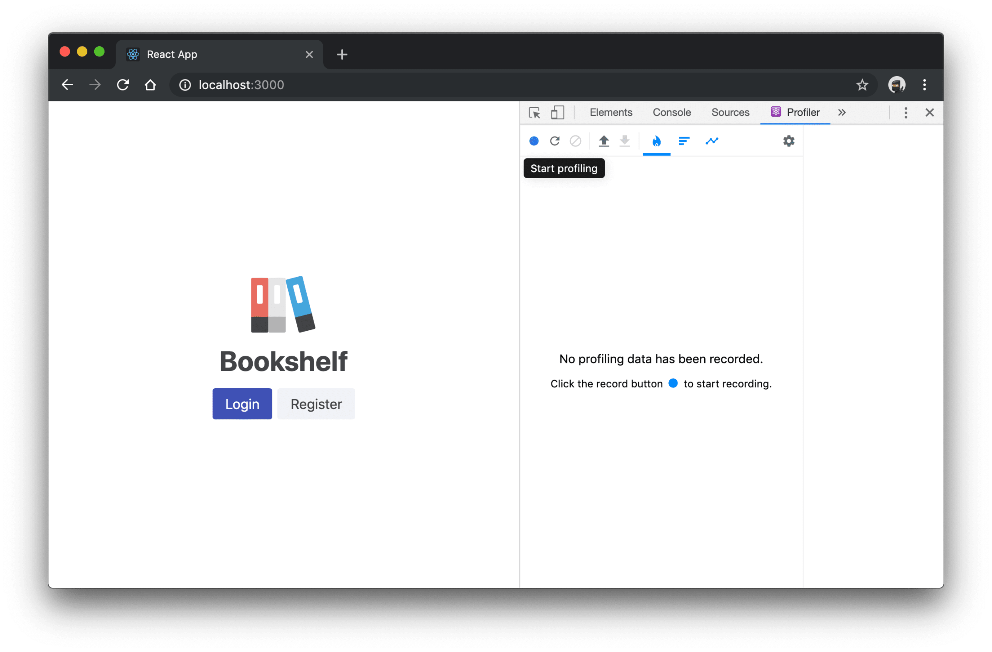bookshelf app with React DevTools Profile tab open and blue "Start profile" button highlighted