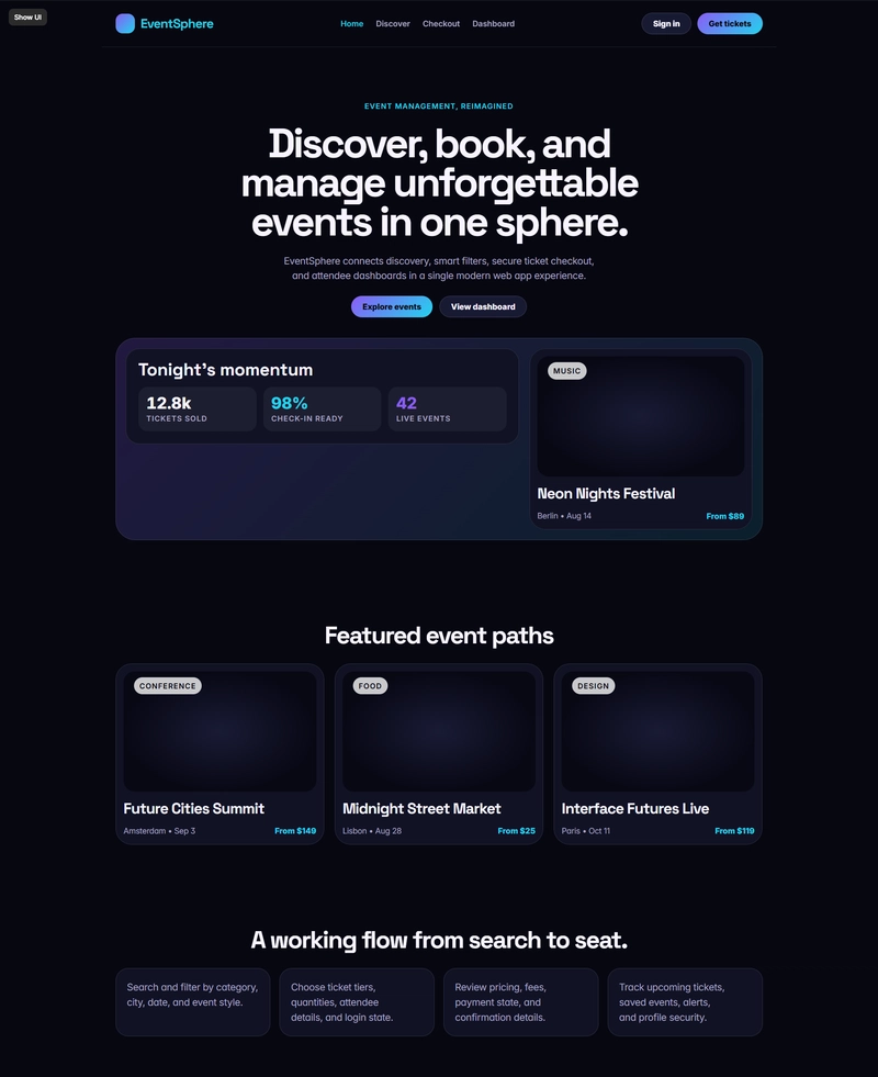 Framer AI generating a responsive event management website with modern landing page, event discovery, booking interface, and user dashboard using AI website builder technology