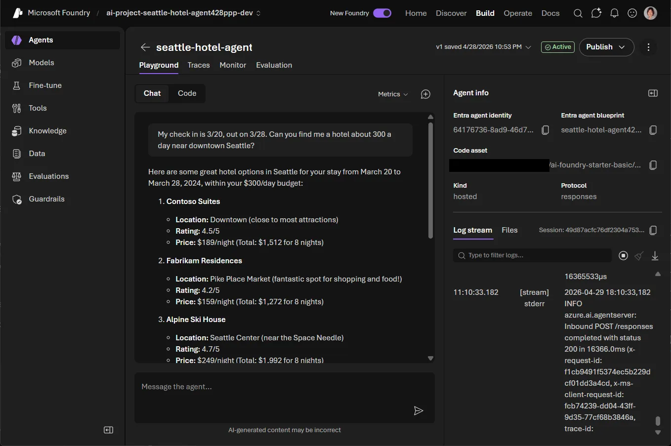 Agent playground in Microsoft Foundry
