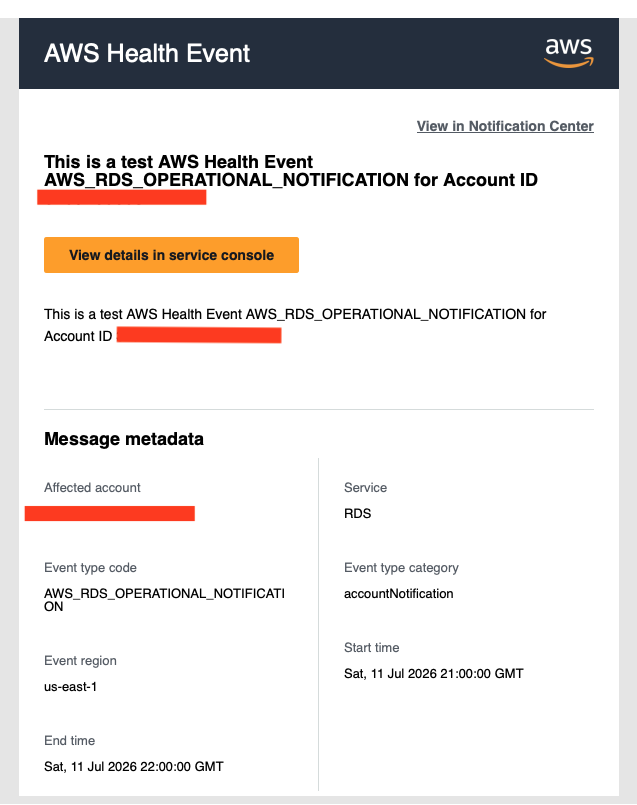 Sample INFORMATIONAL digest email from AWS User Notifications