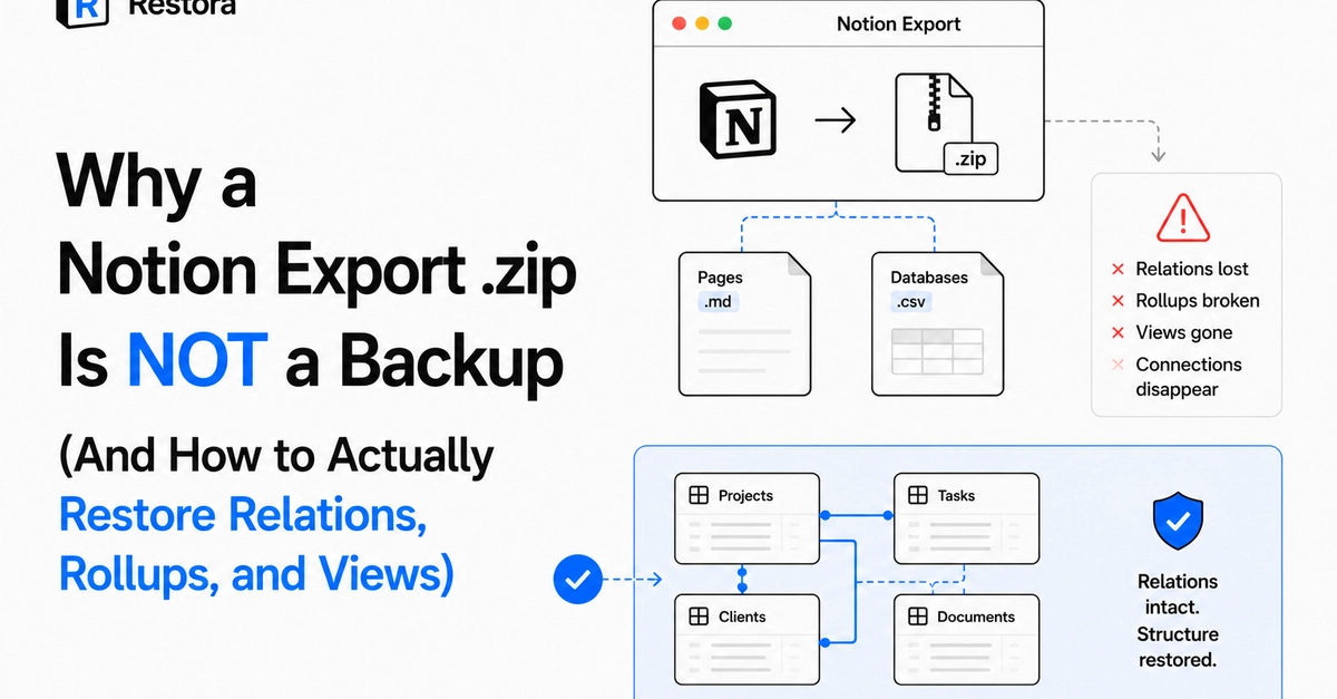 Why a Notion Export .zip Is NOT a Backup (And How to Actually Restore Relations, Rollups, and Views)