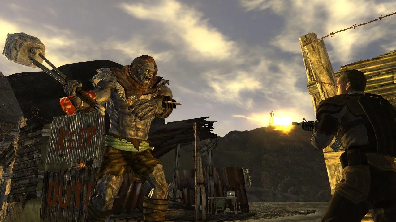 An action shot depicting a fierce monster and human character in battle