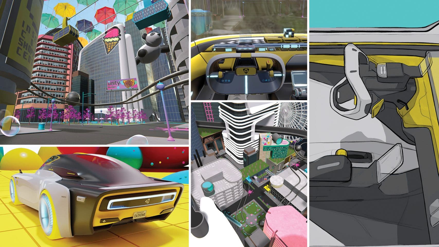 A 'dreamscape' filled with cars, bright colours, panda balloons and huge umbrellas