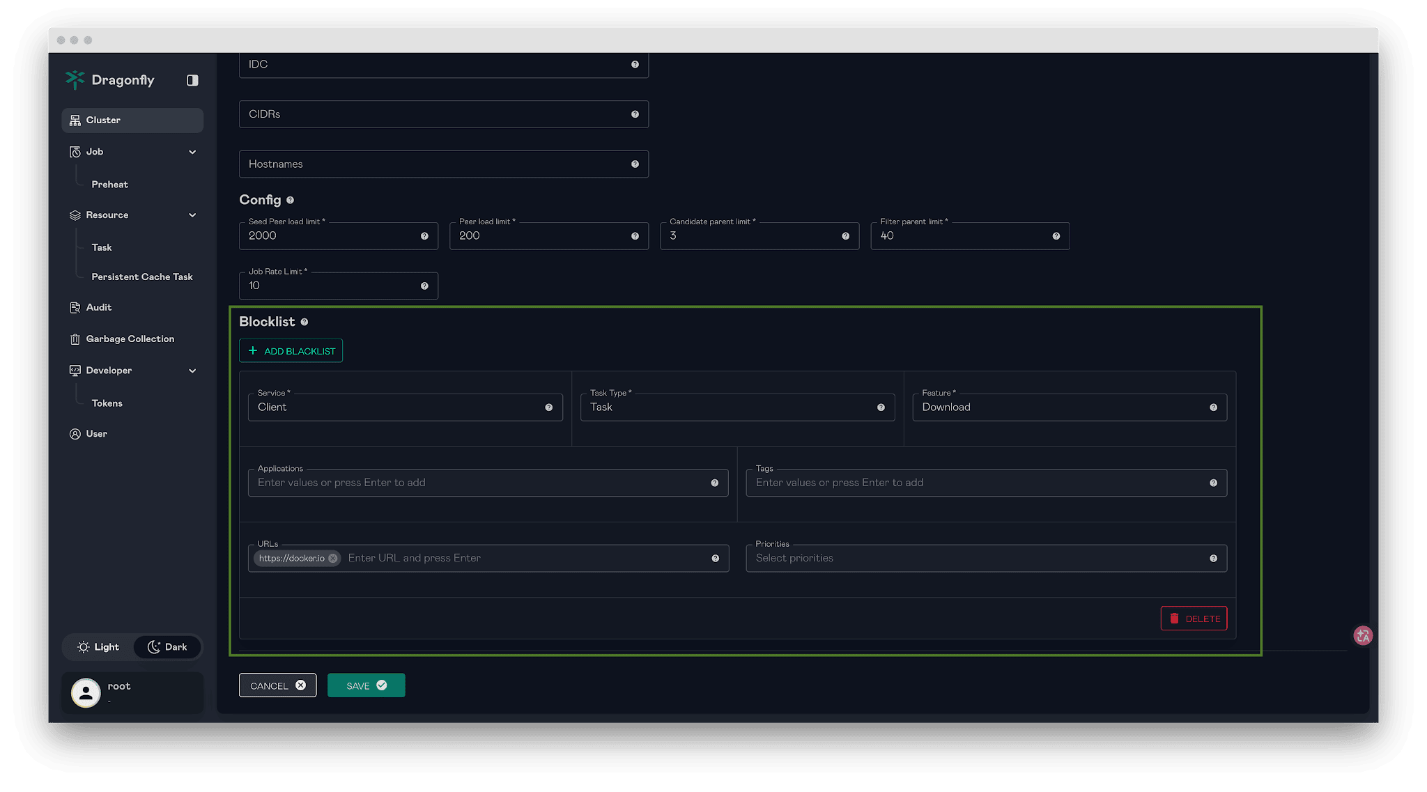 A screenshot image of the Dragonfly Cluster Config.