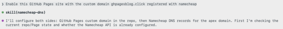 Screenshot of a prompt asking Copilot to 'Enable this GitHub Pages site with the custom domain ghpagesblog.click registered with namecheap.'