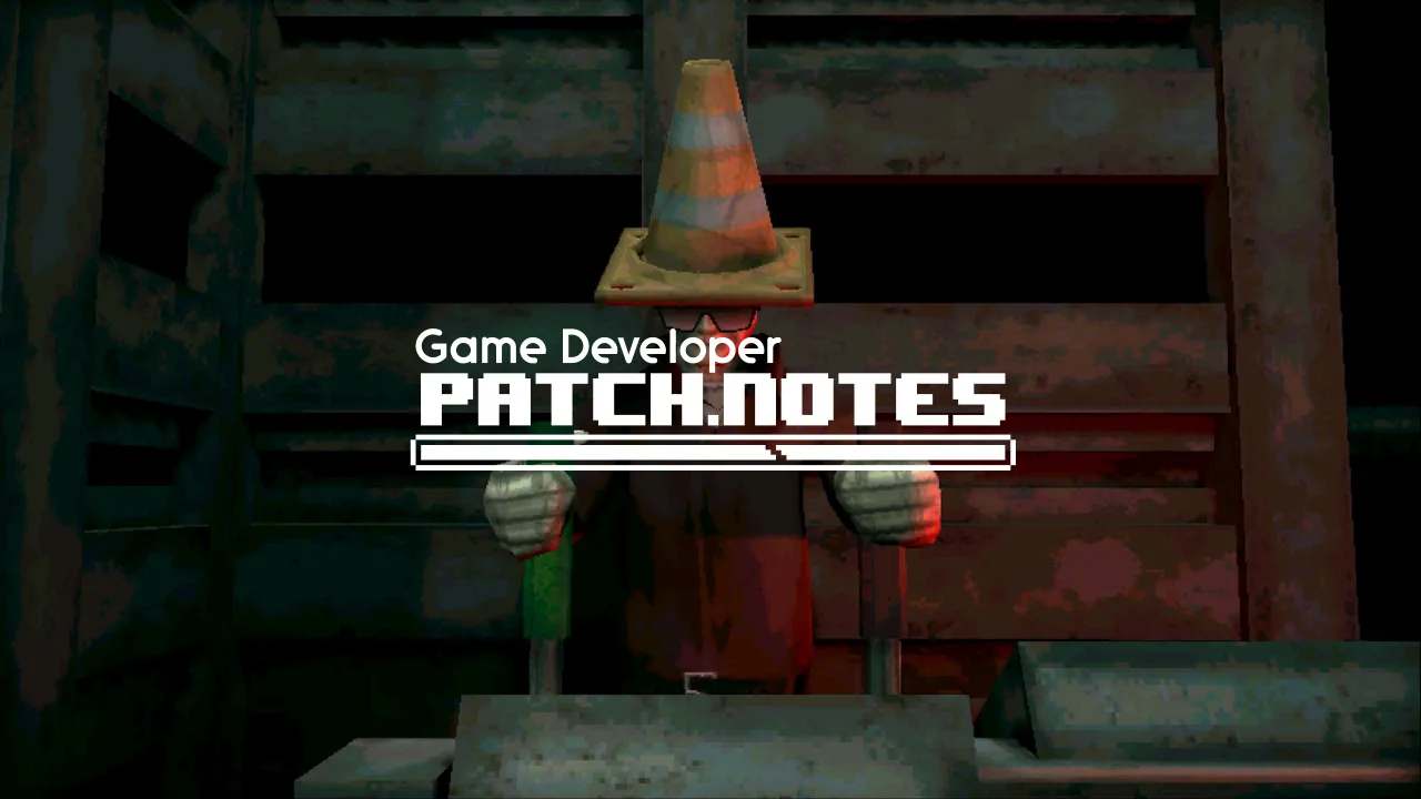 The Patch Notes logo overlaid on a screenshot of Machine Party, showcasing an old man wearing a traffic cone as a hat