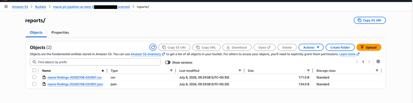 Amazon S3 console showing timestamped CSV and JSON report files in the scanned bucket