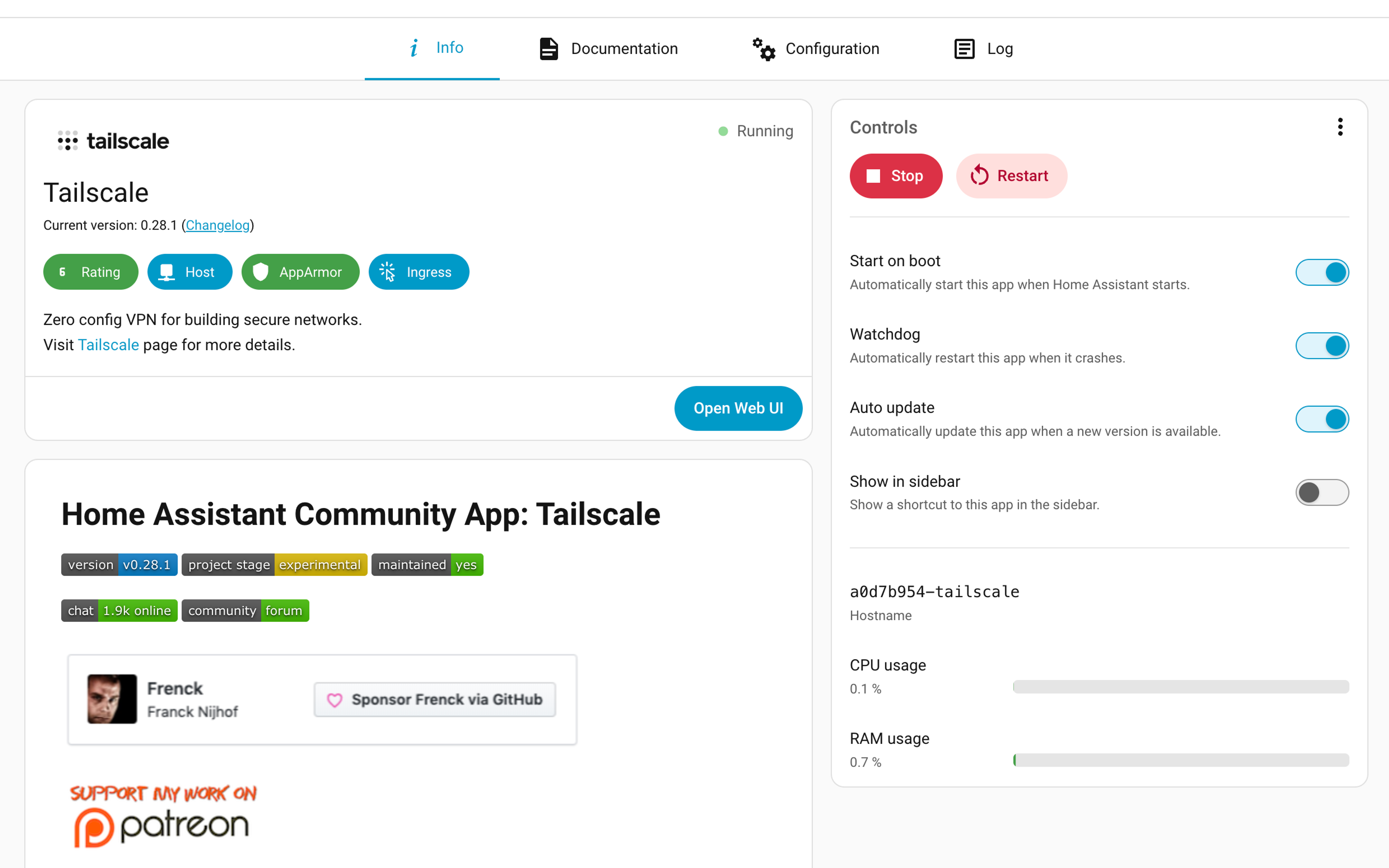 Tailscale app management interface showing running status with control buttons for Stop and Restart, configuration toggles for start on boot, watchdog, auto update and sidebar display, system information, and resource usage metrics.