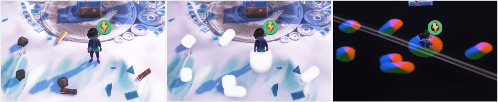 Shaders are applied to a RenderTexture “capsule” around players and objects to create effects that make them seem more grounded in the world, such as shadows or wake in the water.