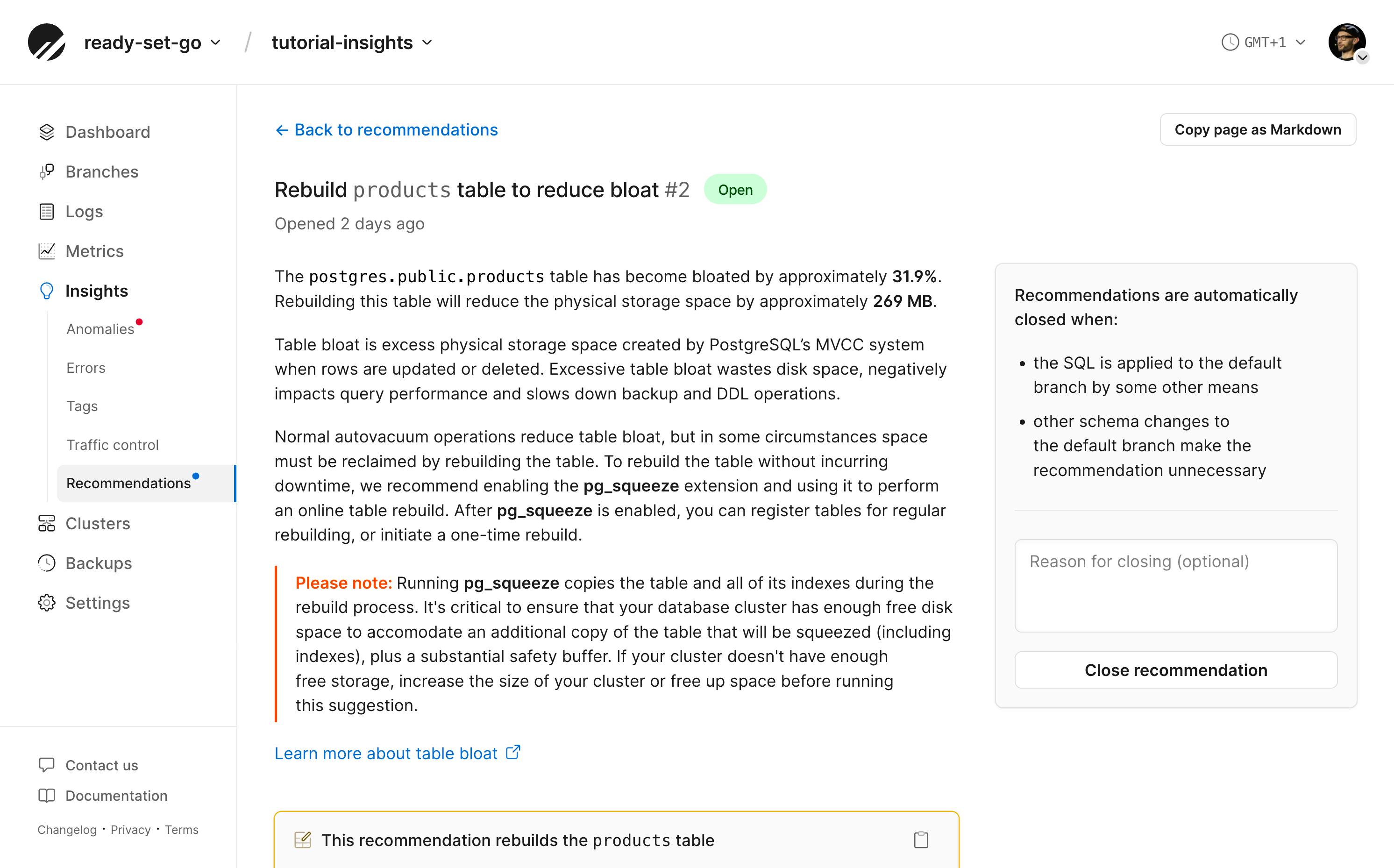 Insights recommendations page