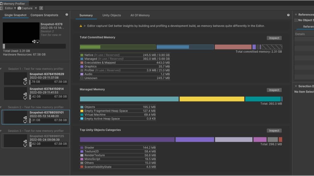Capture, inspect, and compare snapshots in the Memory Profiler.