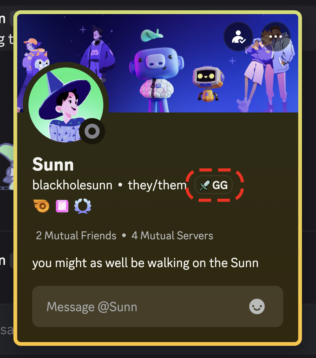 An example of a Server Tag. It says “GG.”