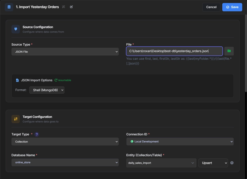 VisuaLeaf Task Manager import job configured to load a JSON file into the online_store.daily_sales_import MongoDB collection.