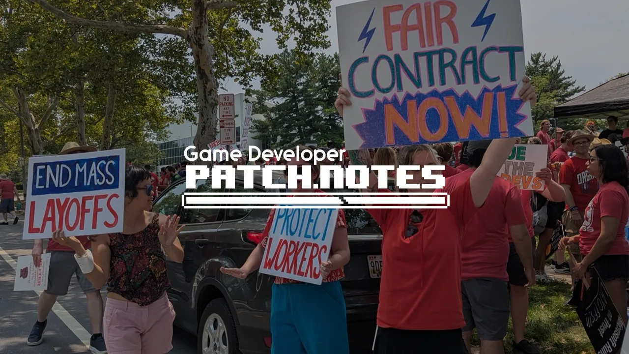 The Patch Notes logo overlaid on a photograph of protesting Xbox workers