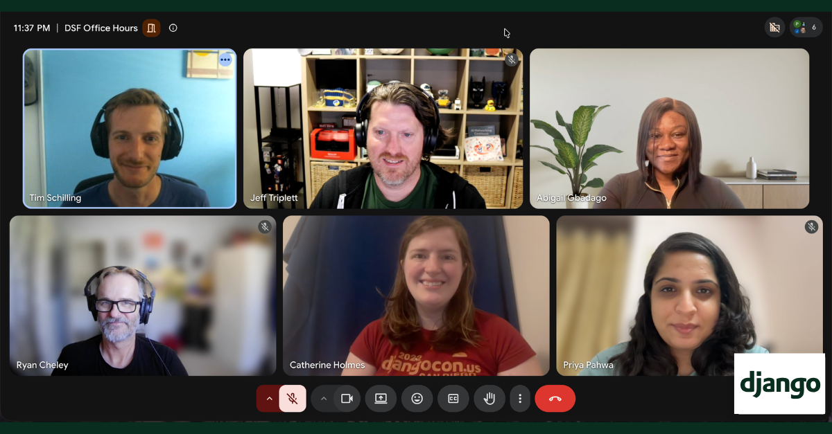 A screenshot of a video call with six smiling faces looking at the camera. There's the Django logo in the bottom right corner.