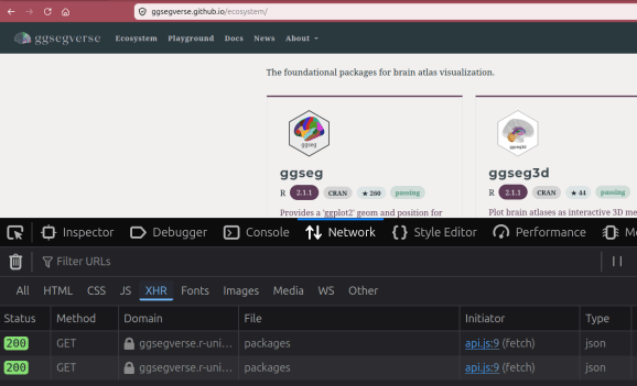 Screenshot of the web developer tools' network tab, showing the XHR request logged when one reloads the ggsegverse website