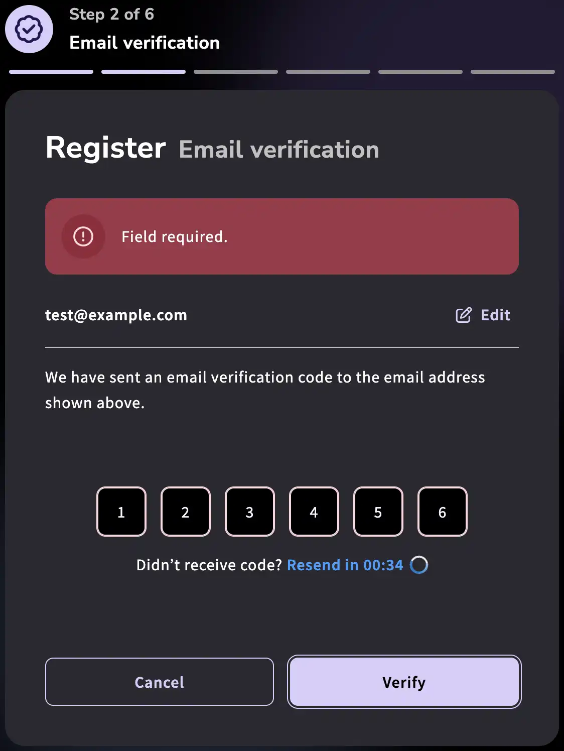 Screenshot of the verification code form with 6 digits but a "Field required" error