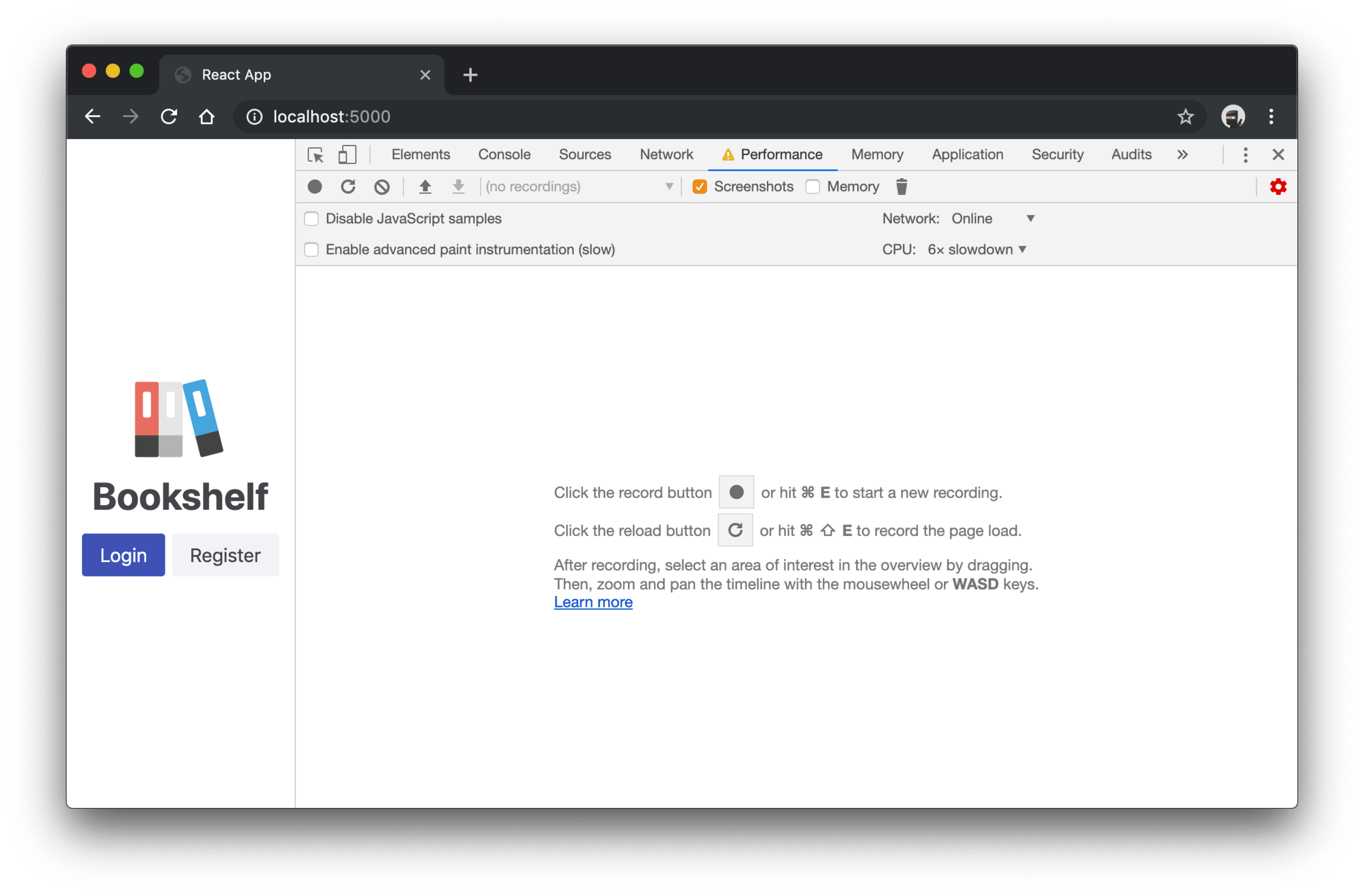 Chrome DevTools Performance tab showing CPU 6x slowdown selected