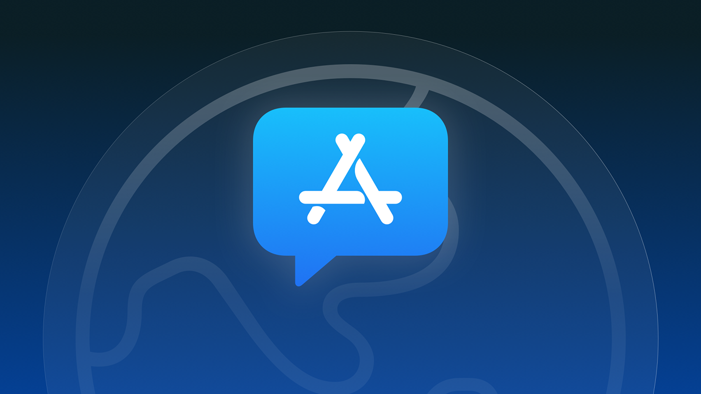 The App Store logo in speech bubble over an outline symbol of Earth.