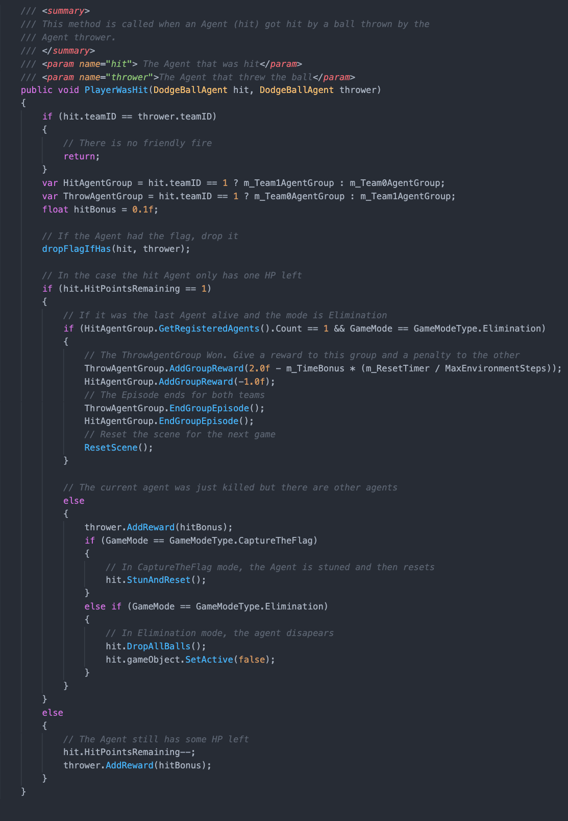 Image showing code for ML-Agents Dodgeball