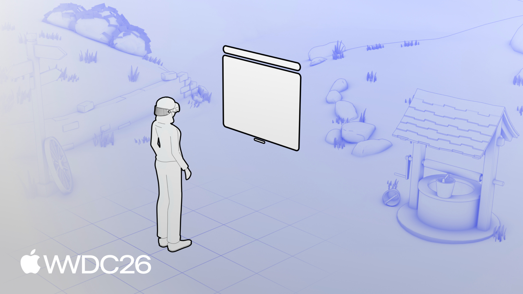 An illustration of a person wearing an Apple Vision Pro in front of a floating window surrounded by a 3D environment with rocks, grass, and a water well with buckets on and around it
