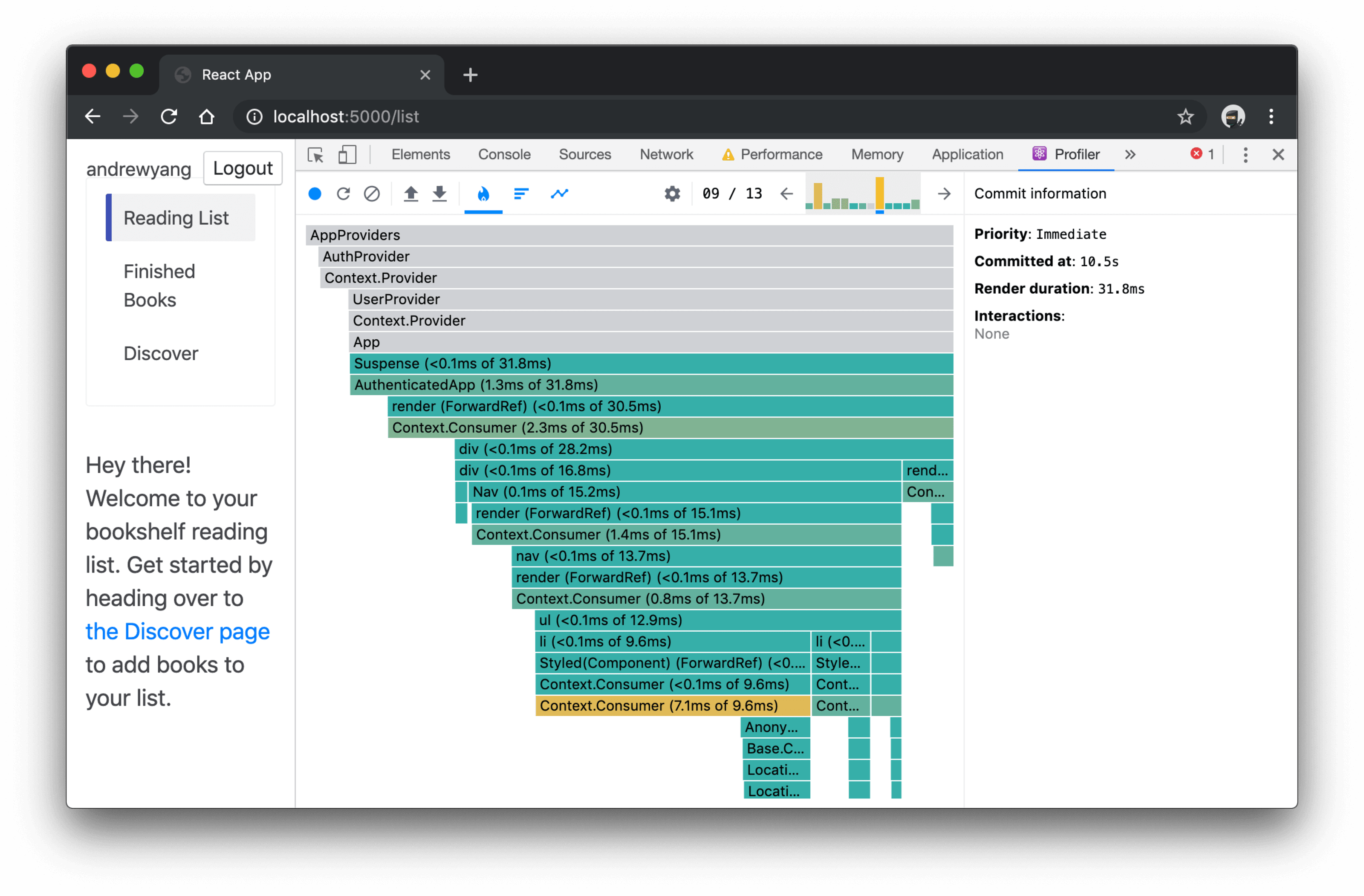 React DevTools Profile tab showing flamegraph